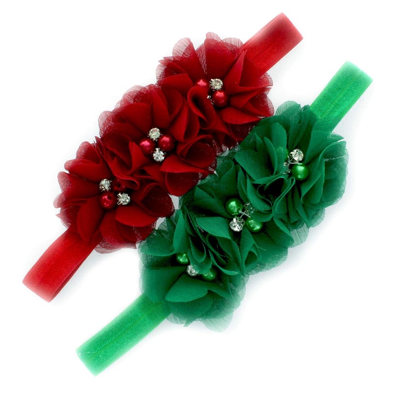 My Lello Girls Flower Headbands Toddler Fabric Beaded Trio Stretchy Elastic Pair (Red/Green) - Image 1