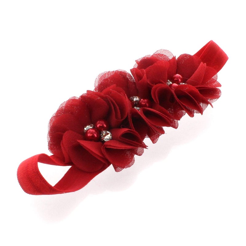 My Lello Girls Flower Headbands Toddler Fabric Beaded Trio Stretchy Elastic Pair (Red/Green) - Image 4