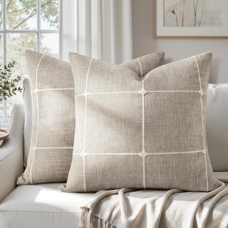 HOMEIDEAS Decorative Plaid Throw Pillow Covers 20x20 Set of 2 Tan Farmhouse Pillow Covers Neutral Faux Linen Cushion Covers for Couch Sofa Bed Home Decor - Image 2
