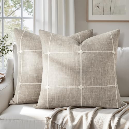 HOMEIDEAS Decorative Plaid Throw Pillow Covers 20x20 Set of 2 Tan Farmhouse Pillow Covers Neutral Faux Linen Cushion Covers for Couch Sofa Bed Home Decor - Image 1