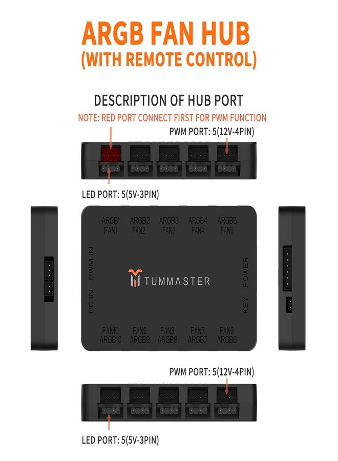 TUMMASTER ARGB Fan HUB, 10-Port 4 Pin PC Fan Controller, 5V-3Pin ARGB Fan Hub, Magnetic Suction, SATA Power Input,RF Remote & Chassis key control,Controller Support 10 ARGB PWM Fans Splitter - Image 4
