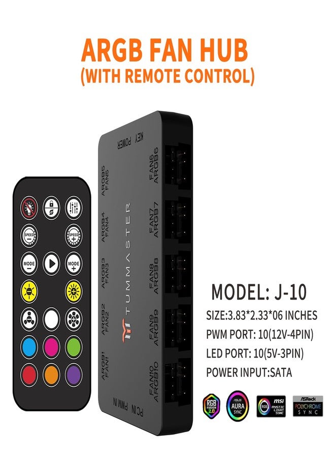 TUMMASTER ARGB Fan HUB, 10-Port 4 Pin PC Fan Controller, 5V-3Pin ARGB Fan Hub, Magnetic Suction, SATA Power Input,RF Remote & Chassis key control,Controller Support 10 ARGB PWM Fans Splitter - Image 3