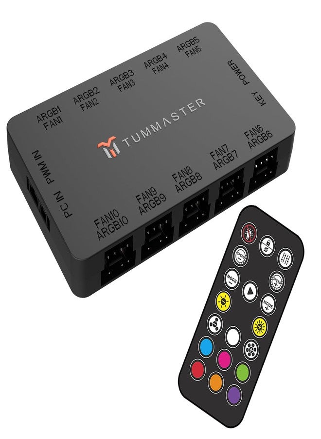 TUMMASTER ARGB Fan HUB, 10-Port 4 Pin PC Fan Controller, 5V-3Pin ARGB Fan Hub, Magnetic Suction, SATA Power Input,RF Remote & Chassis key control,Controller Support 10 ARGB PWM Fans Splitter - Image 2