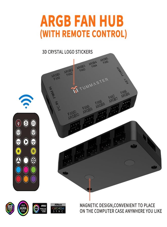 TUMMASTER ARGB Fan HUB, 10-Port 4 Pin PC Fan Controller, 5V-3Pin ARGB Fan Hub, Magnetic Suction, SATA Power Input,RF Remote & Chassis key control,Controller Support 10 ARGB PWM Fans Splitter - Image 5