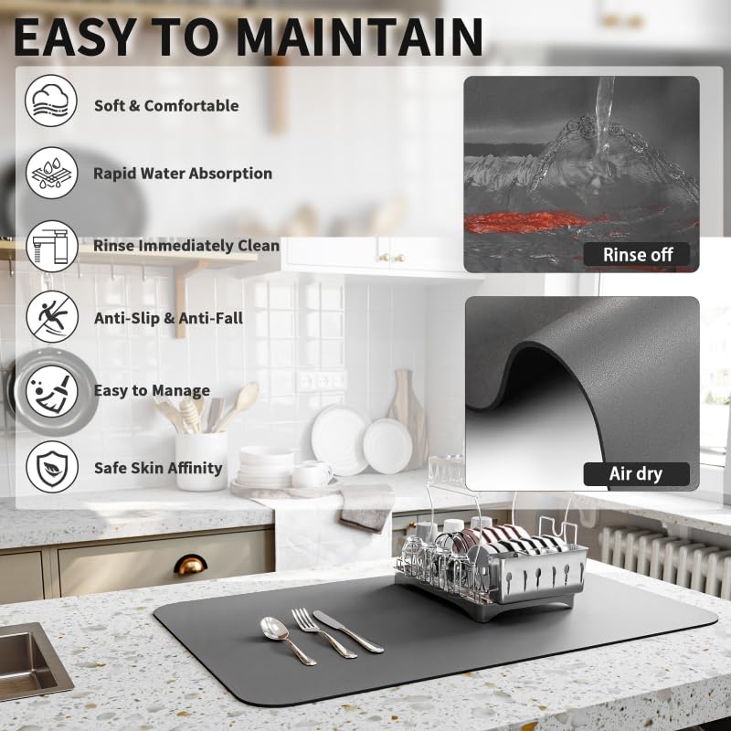 HotLive Dish Drying Mat for Kitchen Counter, Heat Resistant Drainer Mats with Non-slip Rubber Backed, Hide Stain Kitchen Super Absorbent Draining Mat, Easy to Clean Dish Rack Pad, Dark Grey 16"x20" - Image 4