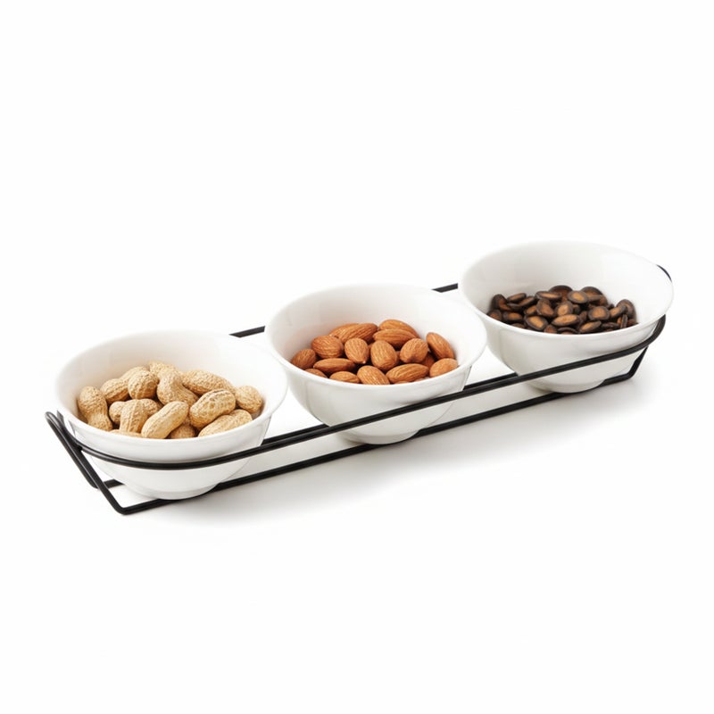 Shallow Arabic-Inspired Serving Bowl Set  3PCS Round 13cm White Porcelain Bowls with Metal Stand for Dates, Peanuts, Almonds Ramadan Tables & Elegant Hosting - Image 2