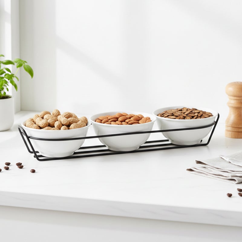 Shallow Arabic-Inspired Serving Bowl Set  3PCS Round 13cm White Porcelain Bowls with Metal Stand for Dates, Peanuts, Almonds Ramadan Tables & Elegant Hosting - Image 4