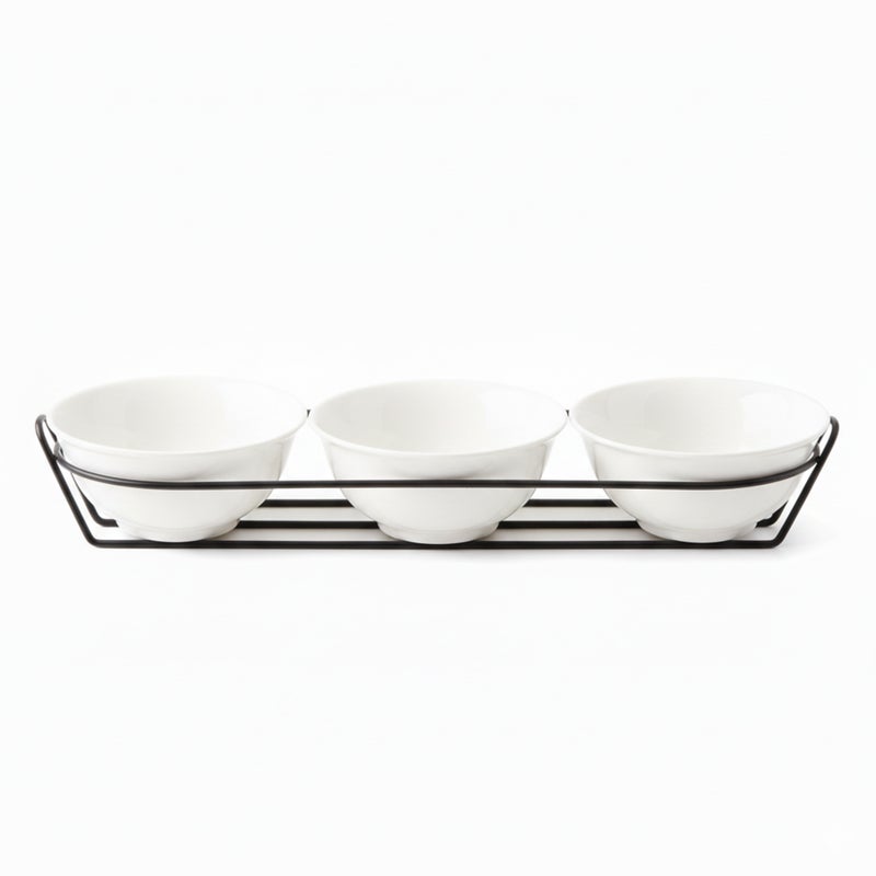 Shallow Arabic-Inspired Serving Bowl Set  3PCS Round 13cm White Porcelain Bowls with Metal Stand for Dates, Peanuts, Almonds Ramadan Tables & Elegant Hosting - Image 1