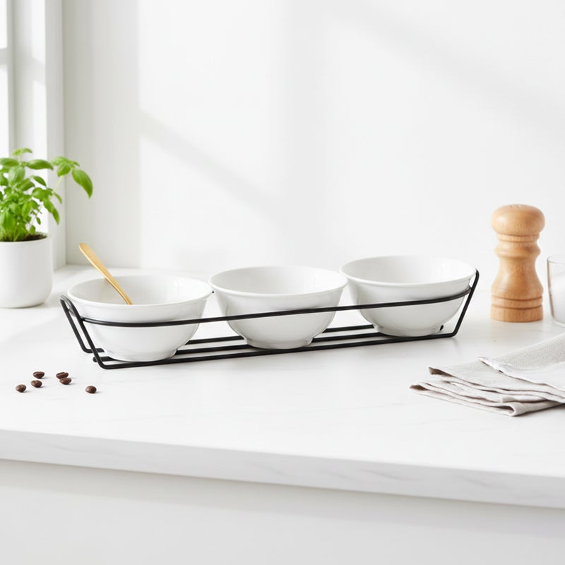 Shallow Arabic-Inspired Serving Bowl Set  3PCS Round 13cm White Porcelain Bowls with Metal Stand for Dates, Peanuts, Almonds Ramadan Tables & Elegant Hosting - Image 5