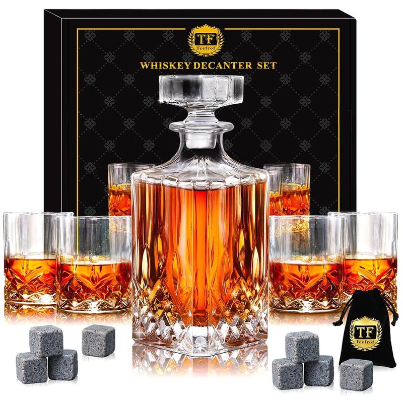 EXOMOON EXOMOON Whiskey Decanter Set with Glasses,Crystal Whiskey for Men with 4 Glasses and 8 Whiskey Stones,Liquor Decanter of Birthday Gifts for Men Boss Husband,Bourbon Decanter Set for Home Bar  - Image 1
