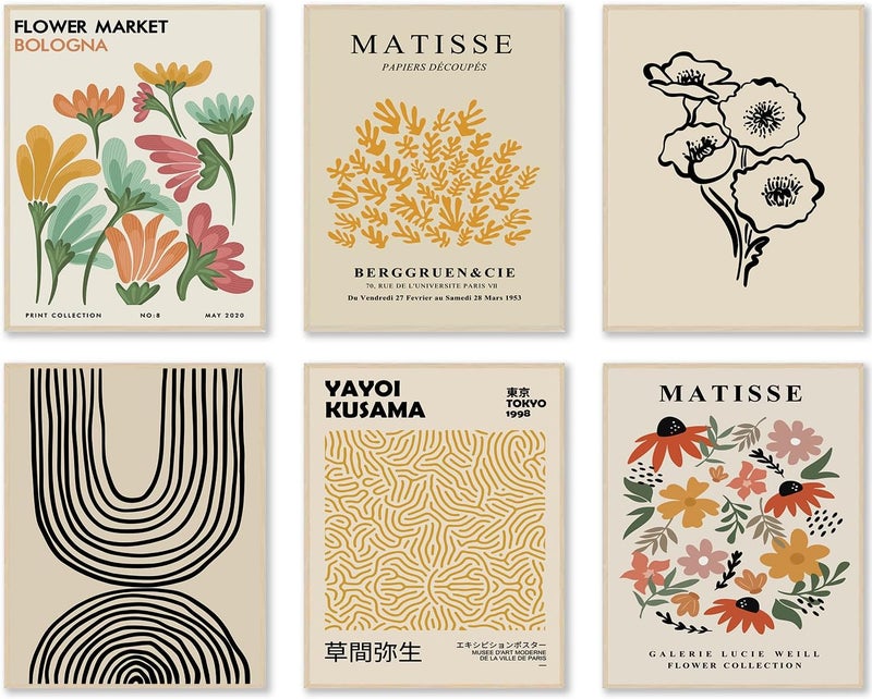 KBKBART Matisse Wall Art Prints Set of 6, Abstract Matisse Wall Art Exhibition Posters Beige Yellow Line Art Flower Market Art Prints Yayoi Kusama Poster, Boho Canvas Matisse Paintings Pictures for Aesthetic - Image 1