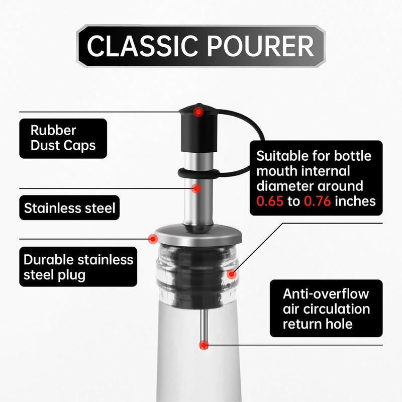 eispap 6Pcs Stainless Steel Bottle Pourers, Small Hole Bottle Olive Oil Spout with Rubber Dust Caps, Wine Pourers Liquor Pour Spouts for Pours Liquid, Wine, Vinegar, Most Liquor Bottles (6) - Image 4
