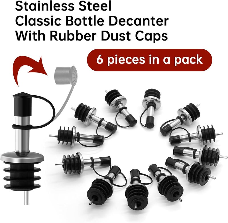 eispap 6Pcs Stainless Steel Bottle Pourers, Small Hole Bottle Olive Oil Spout with Rubber Dust Caps, Wine Pourers Liquor Pour Spouts for Pours Liquid, Wine, Vinegar, Most Liquor Bottles (6) - Image 3