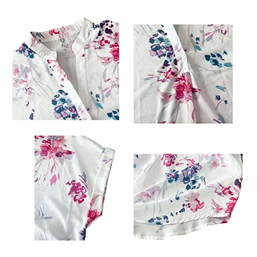 ANCAPELION Women’s Summer Chiffon Blouse Casual Short Sleeve V Neck Shirt Loose Printed Cuffed Sleeve Tunic Tops for Women White Printed Medium - Image 5