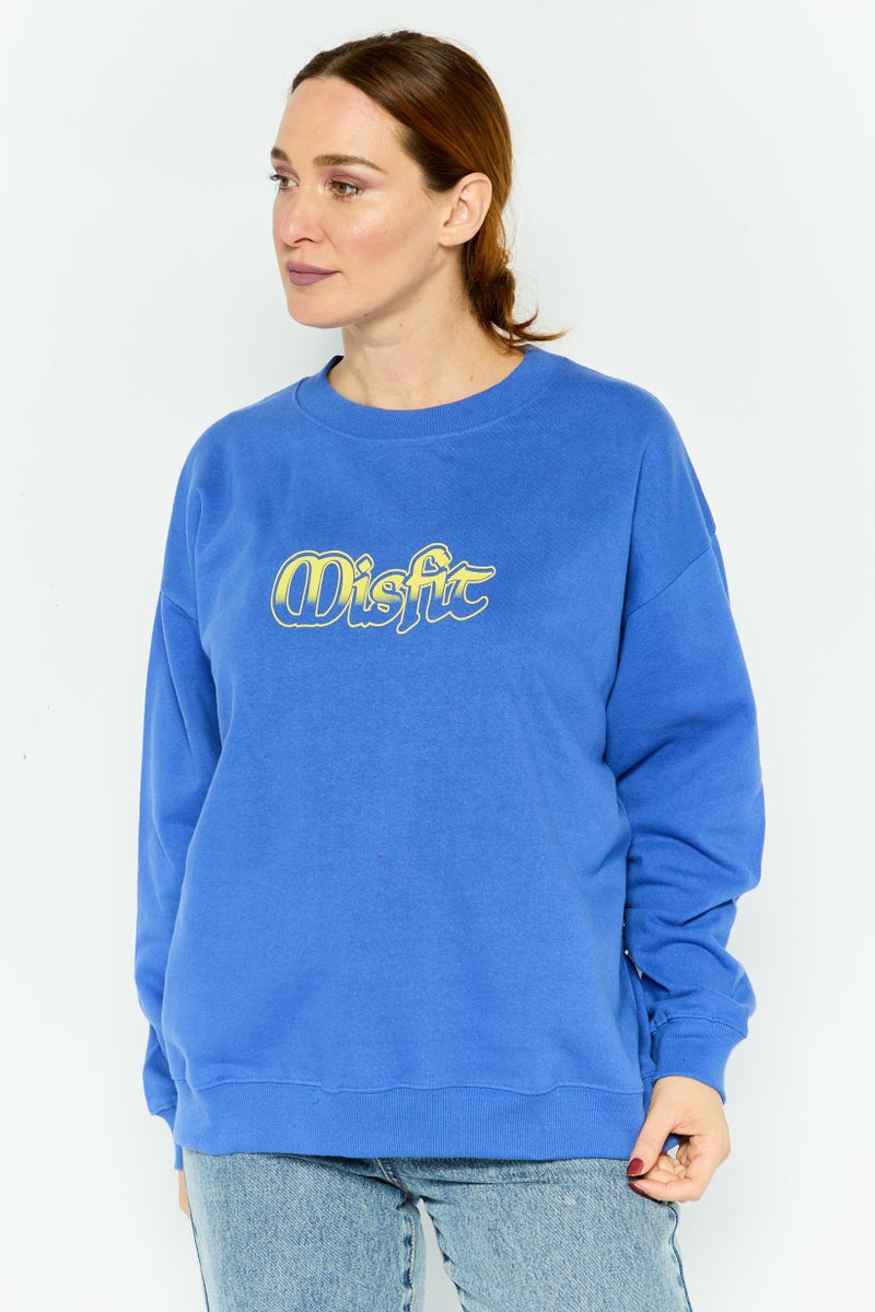 Misfit Women Crew Neck Graphic Print Long Sleeves Sweatshirt, Blue - Image 1