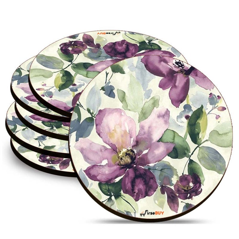 Firsebuy Round Coaster Set 6 Pcs Purple Floral Art MDF Wood Material Drink Coasters HeatResistant Coaster for Kitchen Office Table Dining Table Home Decor 35 Inches TCRP6116 - Image 1