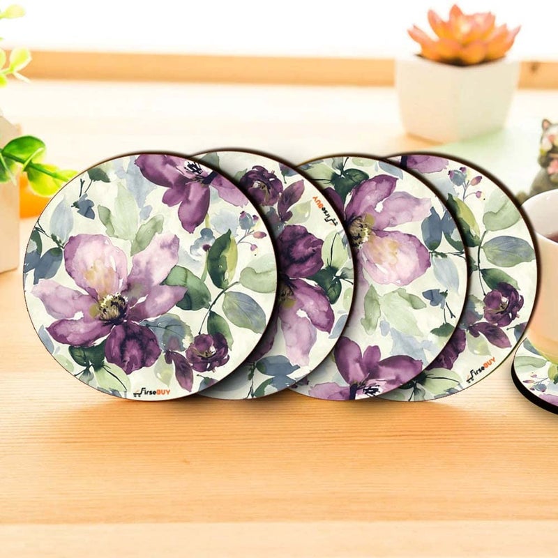 Firsebuy Round Coaster Set 6 Pcs Purple Floral Art MDF Wood Material Drink Coasters HeatResistant Coaster for Kitchen Office Table Dining Table Home Decor 35 Inches TCRP6116 - Image 2