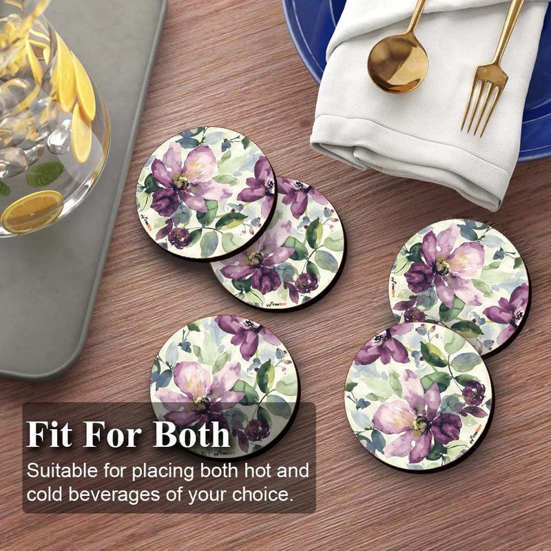 Firsebuy Round Coaster Set 6 Pcs Purple Floral Art MDF Wood Material Drink Coasters HeatResistant Coaster for Kitchen Office Table Dining Table Home Decor 35 Inches TCRP6116 - Image 4