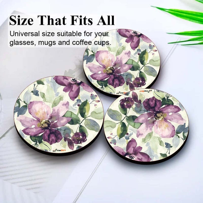 Firsebuy Round Coaster Set 6 Pcs Purple Floral Art MDF Wood Material Drink Coasters HeatResistant Coaster for Kitchen Office Table Dining Table Home Decor 35 Inches TCRP6116 - Image 5