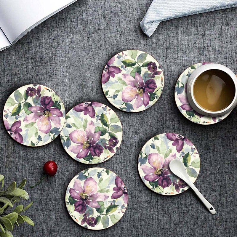 Firsebuy Round Coaster Set 6 Pcs Purple Floral Art MDF Wood Material Drink Coasters HeatResistant Coaster for Kitchen Office Table Dining Table Home Decor 35 Inches TCRP6116 - Image 3