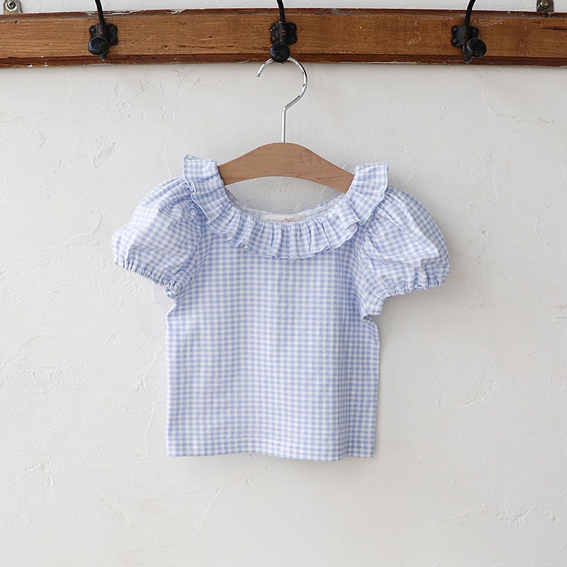2025 Summer Strawberry Shan Korean Children Girls Girls Sweet Lady Plaid Round Neck Short Sleeve T-Shirt - Image 1