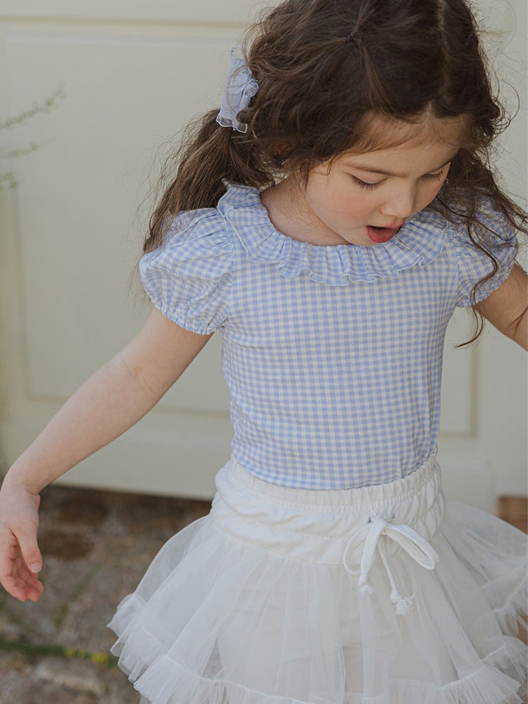 2025 Summer Strawberry Shan Korean Children Girls Girls Sweet Lady Plaid Round Neck Short Sleeve T-Shirt - Image 4