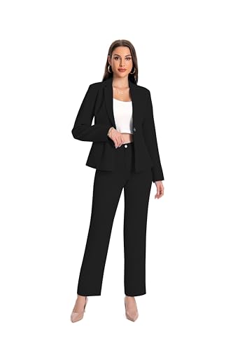 YUNCLOS Women's 2 Piece Office Lady Business Suit Set Slim Fit Blazer Pant, X-Large, Black - Image 1
