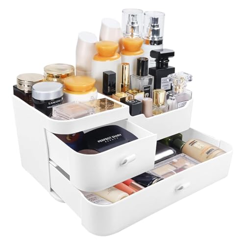Qshare Makeup Organizer, Cosmetic Desk Storage Box with Drawers Skincare Organizers for Dressing Table, Countertop, Bathroom Counter, Vanity Holder for Brushes, Lipstick, Perfume (White Large) - Image 1