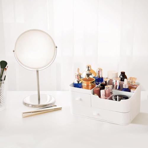 Qshare Makeup Organizer, Cosmetic Desk Storage Box with Drawers Skincare Organizers for Dressing Table, Countertop, Bathroom Counter, Vanity Holder for Brushes, Lipstick, Perfume (White Large) - Image 2