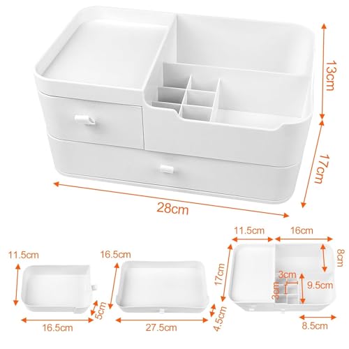 Qshare Makeup Organizer, Cosmetic Desk Storage Box with Drawers Skincare Organizers for Dressing Table, Countertop, Bathroom Counter, Vanity Holder for Brushes, Lipstick, Perfume (White Large) - Image 3