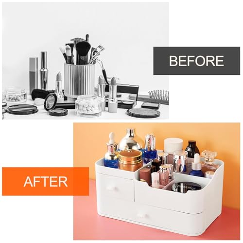 Qshare Makeup Organizer, Cosmetic Desk Storage Box with Drawers Skincare Organizers for Dressing Table, Countertop, Bathroom Counter, Vanity Holder for Brushes, Lipstick, Perfume (White Large) - Image 4