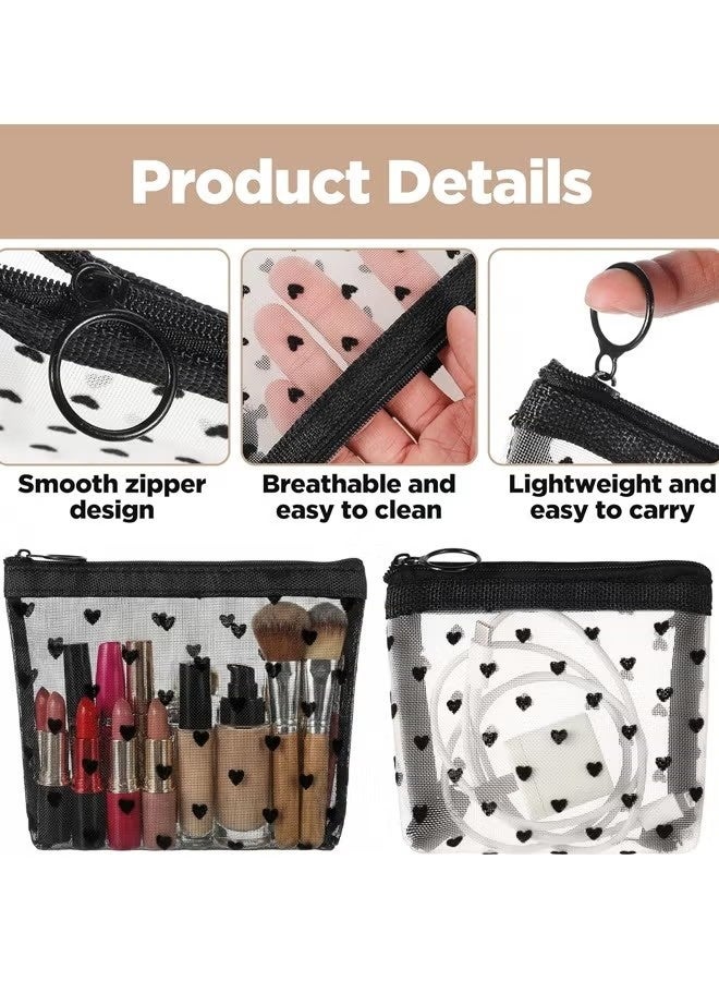 Mini Mesh Makeup Bags, 6 Pieces Heart Print Mesh Cosmetic Bags, Travel Toiletry Bag, Travel Cosmetic Storage Bag, Portable Mini Zipper Mesh Bags for Women, Small, 2 Colors - Image 3