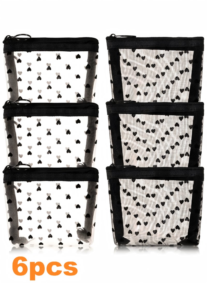 Mini Mesh Makeup Bags, 6 Pieces Heart Print Mesh Cosmetic Bags, Travel Toiletry Bag, Travel Cosmetic Storage Bag, Portable Mini Zipper Mesh Bags for Women, Small, 2 Colors - Image 1