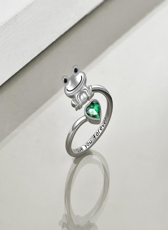 POPLYKE Frog Rings for Women Sterling Silver Frog Hold Green Heart CZ Rings Frog Jewelry (green) - Image 3