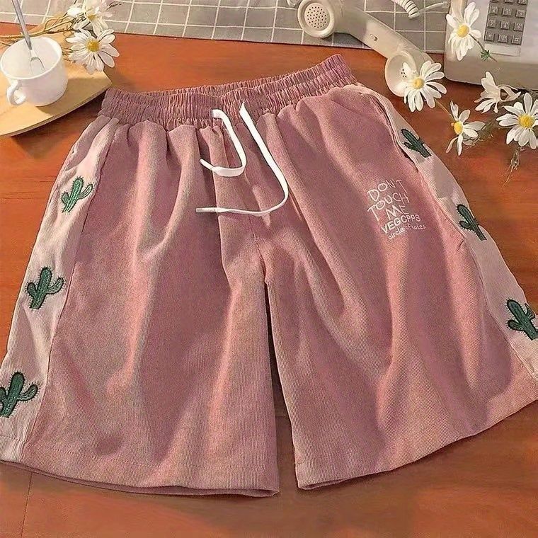Trendy Cactus Corduroy Shorts Unisex Summer 9002-Black  - Image 2