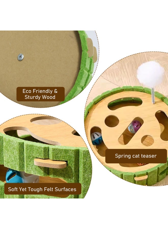 Interactive Cat Toy with Spring Pom Pom & Rolling Ball - Felt & Wood Circular Puzzle Play Toy for Indoor Cats to Relieve Boredom & Exercise - Image 4