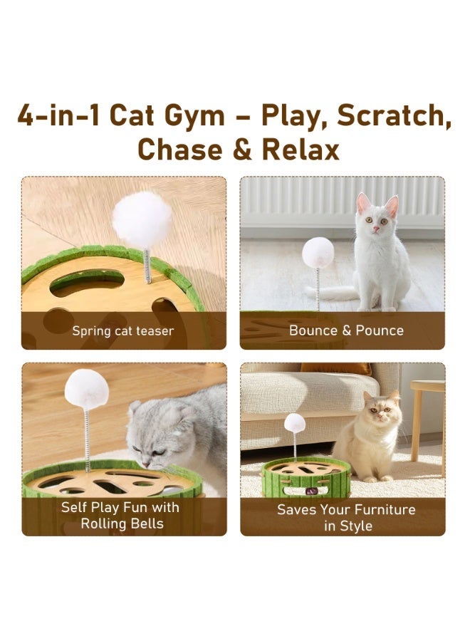 Interactive Cat Toy with Spring Pom Pom & Rolling Ball - Felt & Wood Circular Puzzle Play Toy for Indoor Cats to Relieve Boredom & Exercise - Image 3