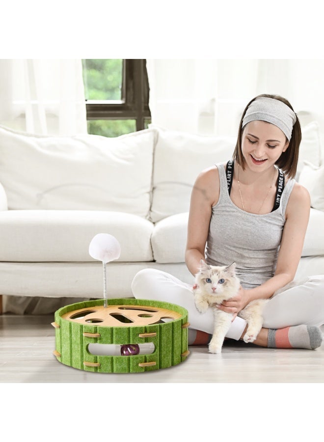 لعبة تفاعلية للقطط مع كرة ربيعية وبوم بوم - لعبة ألغاز دائرية من اللباد والخشب للقطط المنزلية لتخفيف الملل وممارسة الرياضة - Image 1