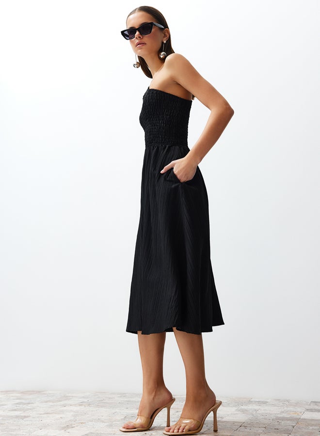 trendyol Black Waist Opening Top Size Gipeli One Shoulder Midi Woven Dress - Image 2
