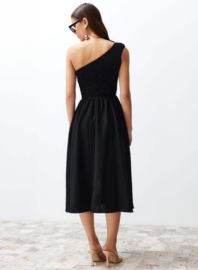 trendyol Black Waist Opening Top Size Gipeli One Shoulder Midi Woven Dress - Image 5