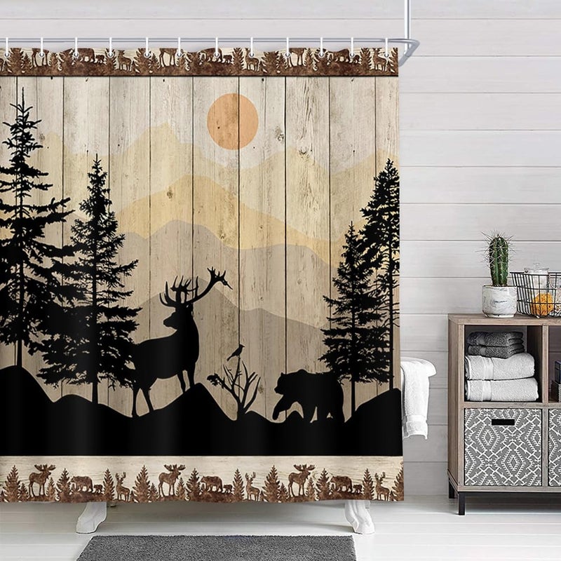 NYMB Cabin Shower Curtain Rustic Shower Curtain Set Cute Bear Deer Forest Print on Country Farmhouse Lodge Wooden Board Cloth Shower Curtains Bathroom Accessories with 12 Hooks Tan Brown 72X72