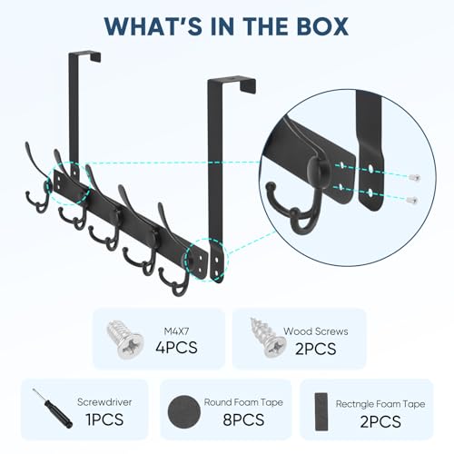 TICONN Over The Door Hooks, 5 Heavy Duty Tri Coat Rack All Metal Coat Hanger for Bathroom Bedroom Dorm (Matte Black, 1PK, Fit 1-3/8" Doors) - Image 5