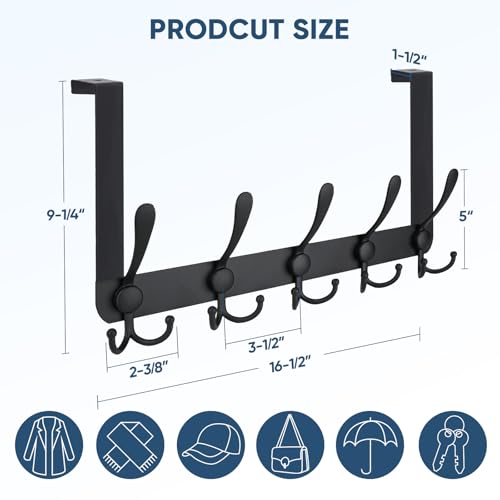 TICONN Over The Door Hooks, 5 Heavy Duty Tri Coat Rack All Metal Coat Hanger for Bathroom Bedroom Dorm (Matte Black, 1PK, Fit 1-3/8" Doors) - Image 2