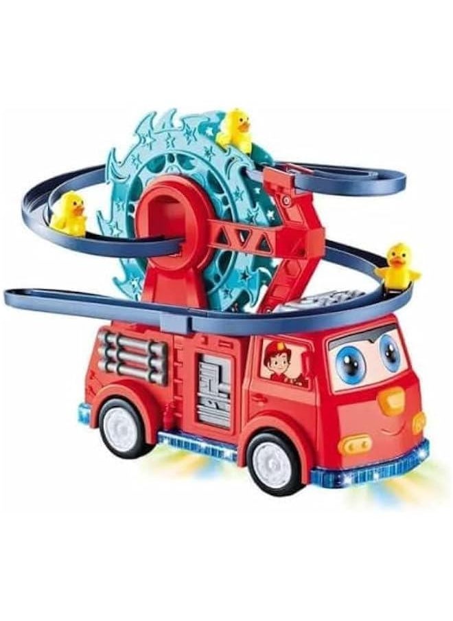 SGTT PRO Quirky Automatic Ducklings Cartoon Race Track Set with Fire Rail Car Swivel Slide, Adorable Duck Escalator Toy featuring Lights and Music