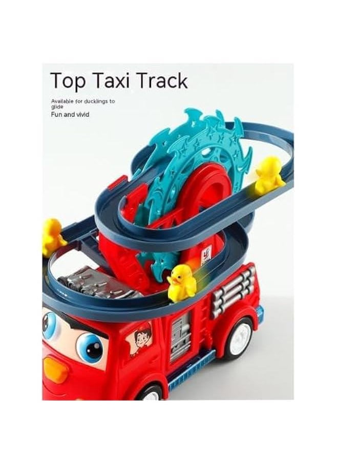 SGTT PRO Quirky Automatic Ducklings Cartoon Race Track Set with Fire Rail Car Swivel Slide, Adorable Duck Escalator Toy featuring Lights and Music