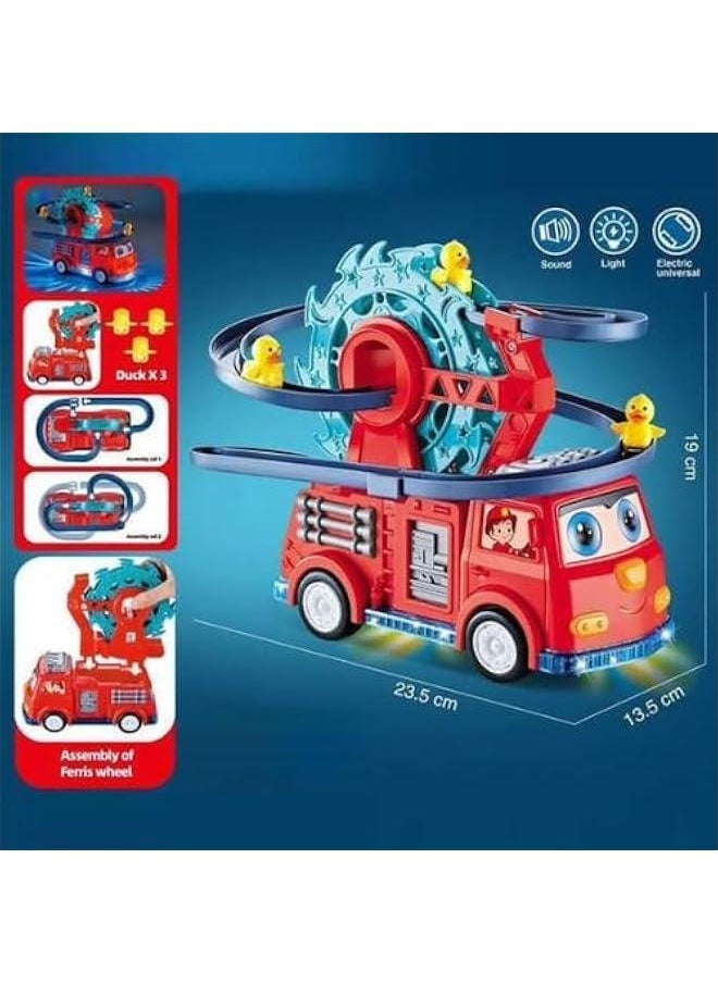 SGTT PRO Quirky Automatic Ducklings Cartoon Race Track Set with Fire Rail Car Swivel Slide, Adorable Duck Escalator Toy featuring Lights and Music