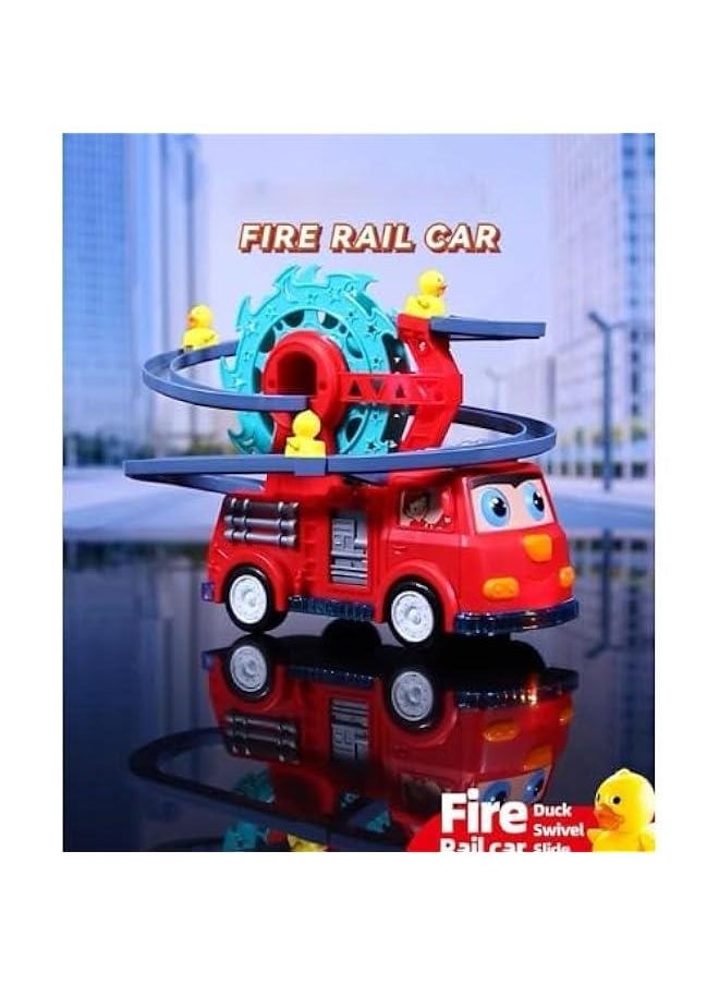 SGTT PRO Quirky Automatic Ducklings Cartoon Race Track Set with Fire Rail Car Swivel Slide, Adorable Duck Escalator Toy featuring Lights and Music