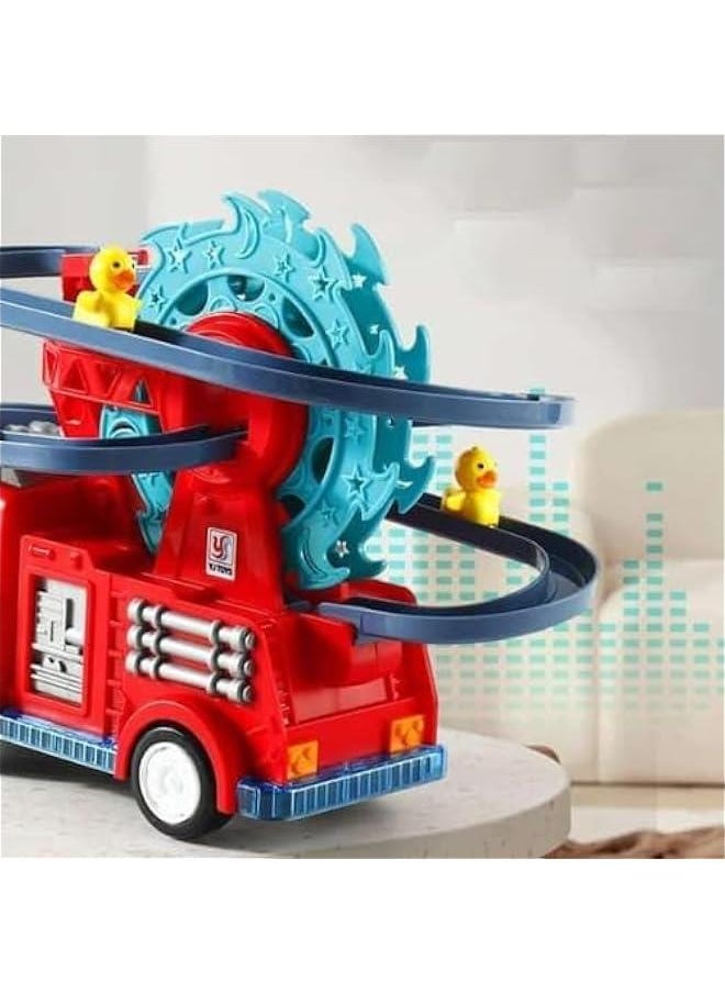 SGTT PRO Quirky Automatic Ducklings Cartoon Race Track Set with Fire Rail Car Swivel Slide, Adorable Duck Escalator Toy featuring Lights and Music