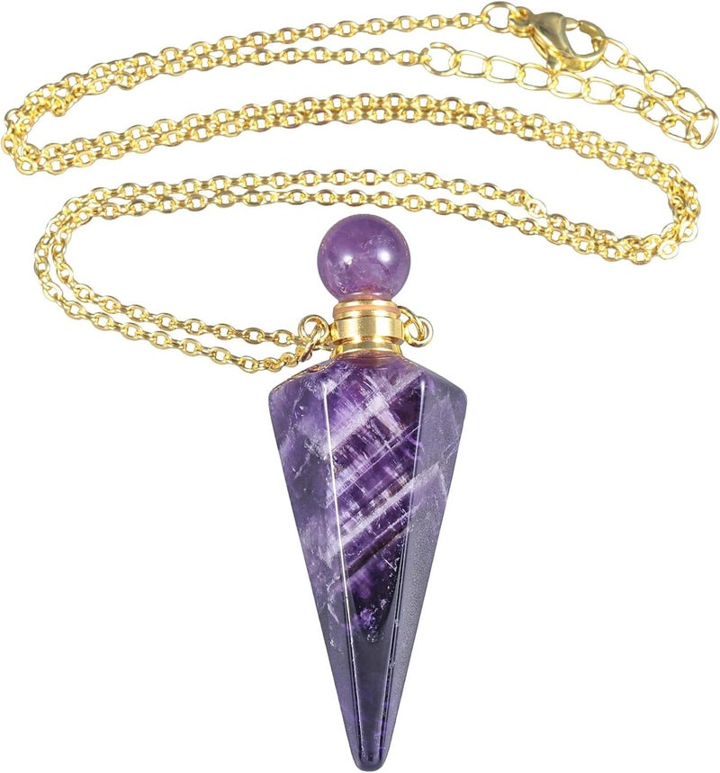 TUMBEELLUWA TUMBEELLUWA Amethyst Crystal Aromatherapy Essential Oil Diffuser Jewelry for Women Men, Cone Pointed Stone Perfume Bottle Pendant Necklace