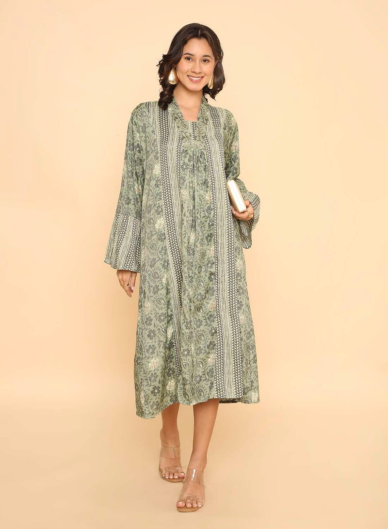 HANA & SARA Sage Green Printed Arabic Jalabiya with Intricate Panel Work & Bell Sleeves - Image 1